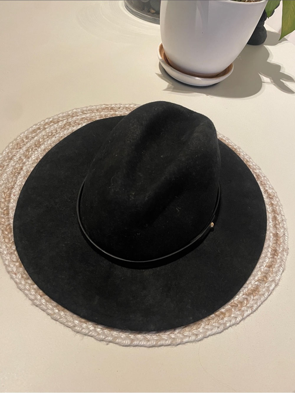 Free People Black Wool Fedora with Slim Leather Band
